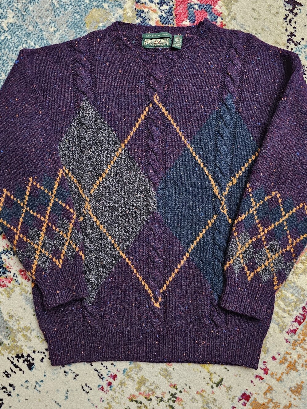 VTG American Eagle Hand Knit 100% Wool Crewneck Sweater Mens XL Heavyweight